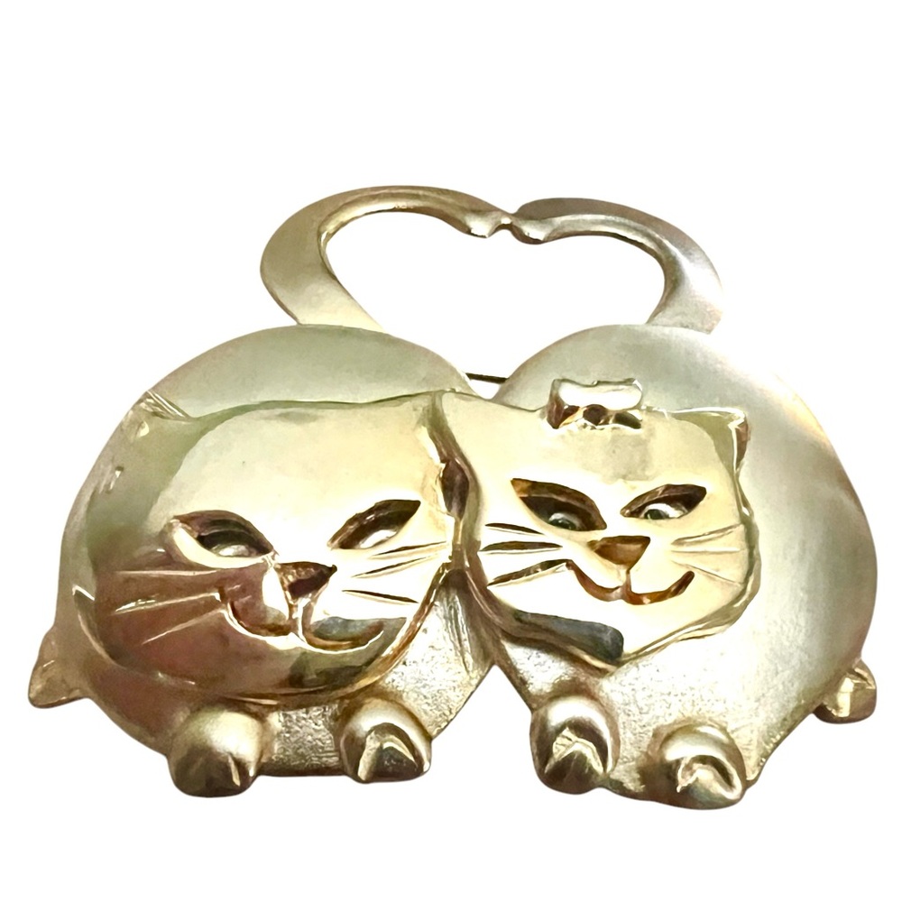 Vintage Cats Brooch Pin Ultra Craft Gold Tone Green Eyes Heart Love Signed - Picture 3 of 8